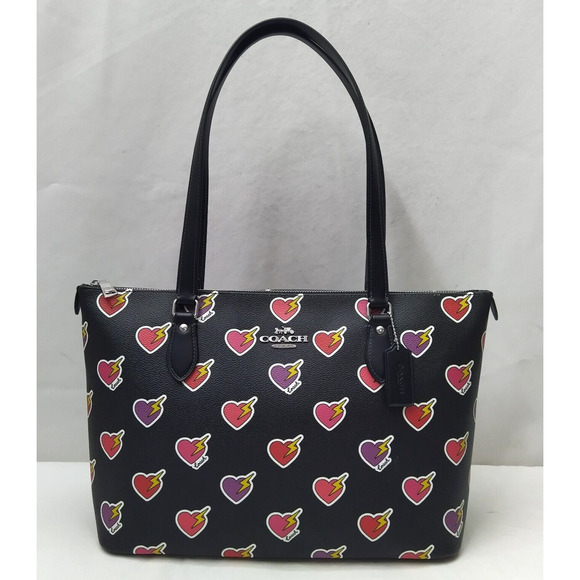 Coach Gallery Black Leather Heart Bolt Print Double Handle Tote Bag - NWT